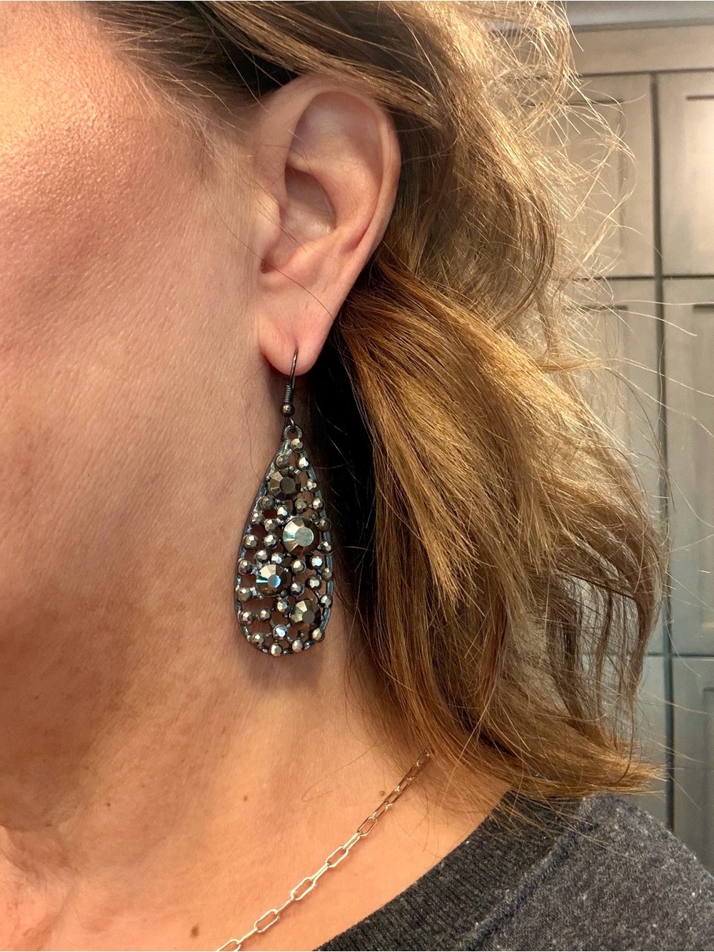 Park Lane Crystal Teardrop Dangle Earrings - Silver Gray crystals Like New